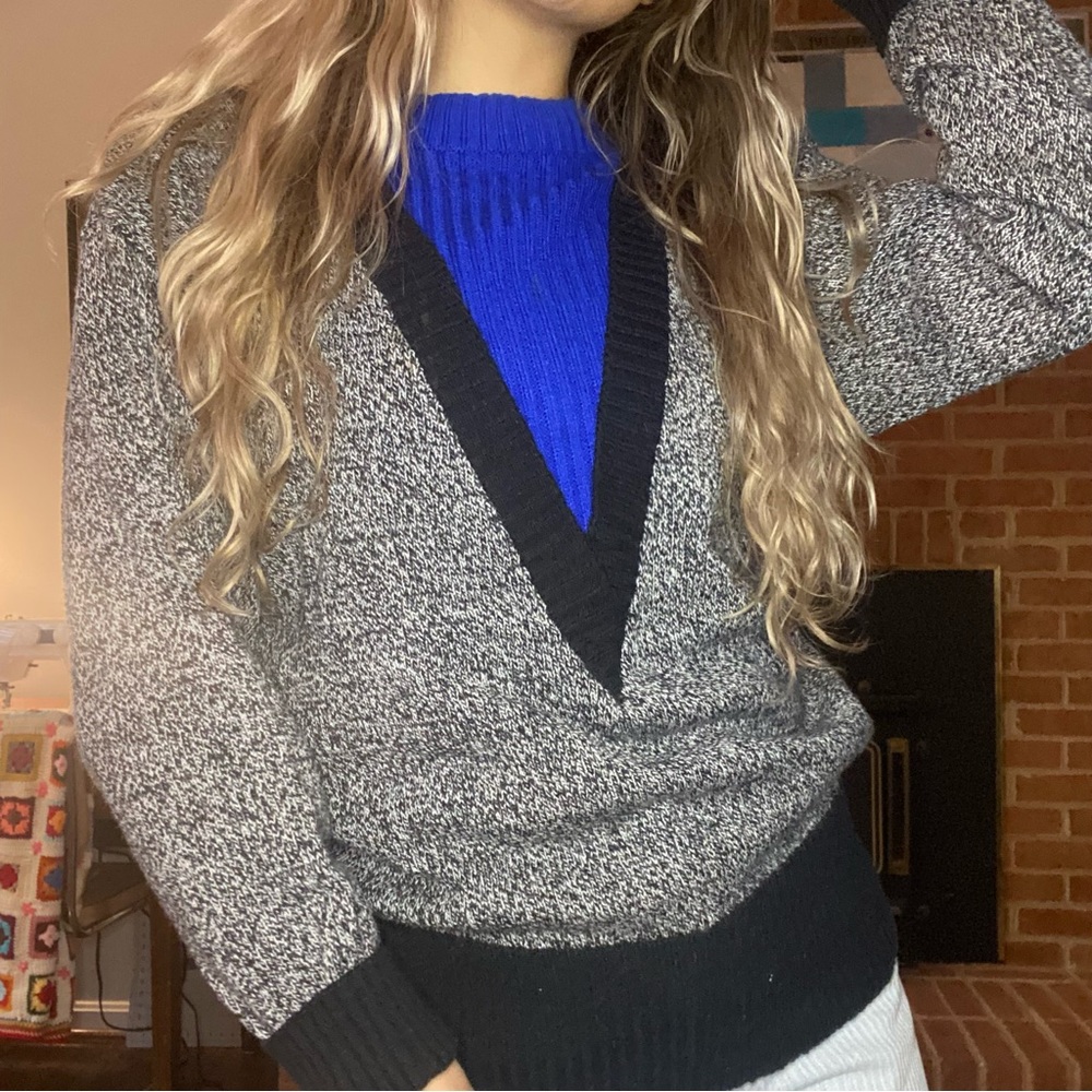 Vintage 80s Mock Turtleneck Faux Layered Deep V-Neck Cobalt Salt Pepper …